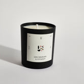 Boujie wild rhubarb and cinnamon black jar candle, handmade with natural soy wax – side view